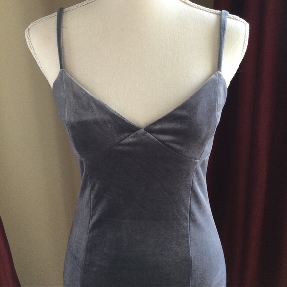 Silver Gray Plush Velvet Adjustable Cami MIDI Dress V Neck - Picture 1 of 7